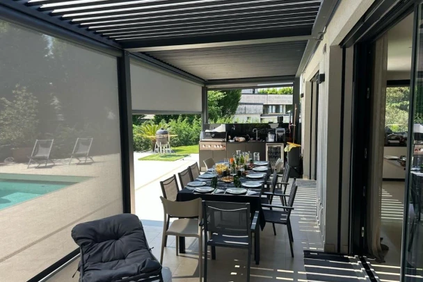 exterior shades providing UV protection on modern patio