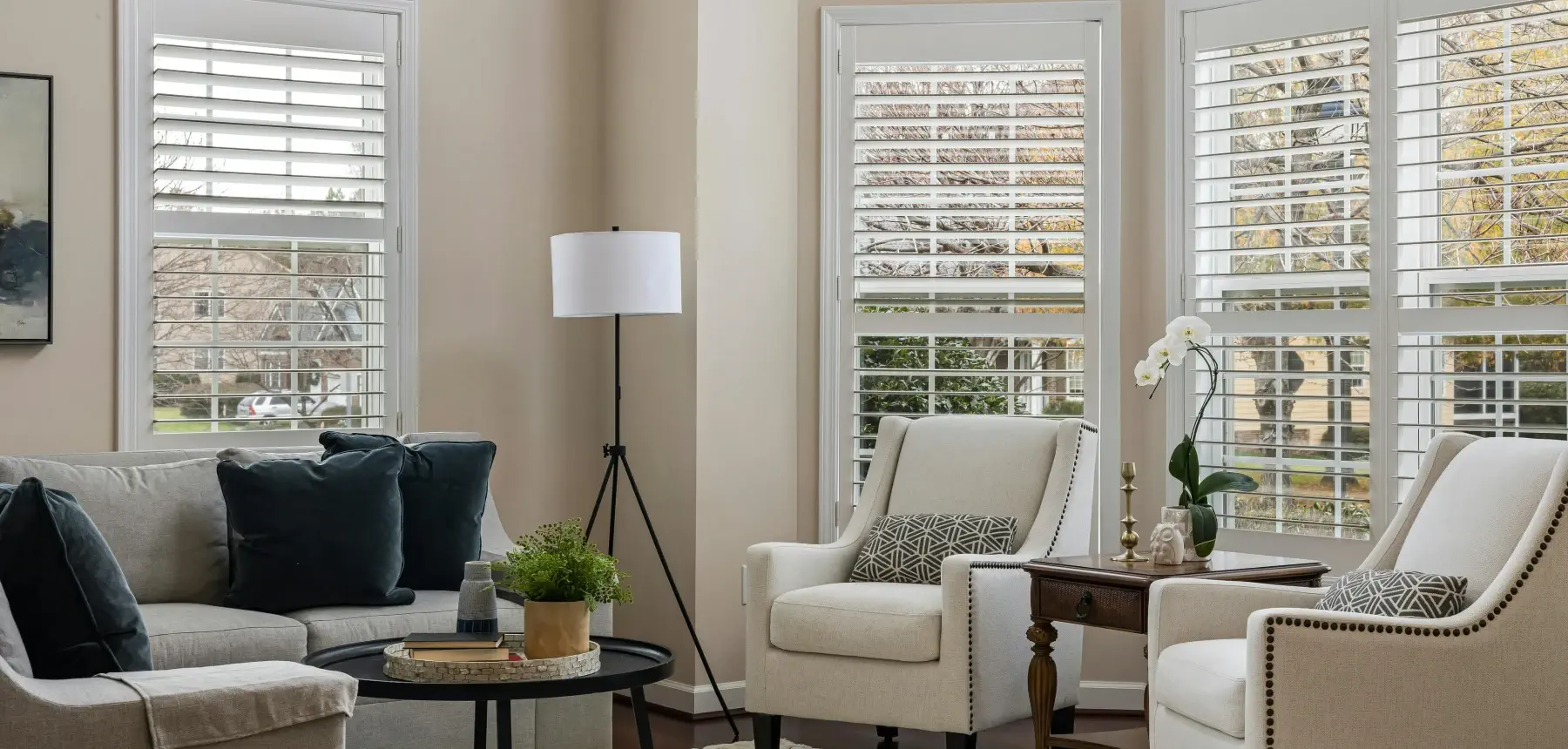 custom plantation shutters installation in Suwanee living room